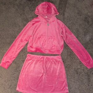Pink Velour Hoodie and Skirt Set